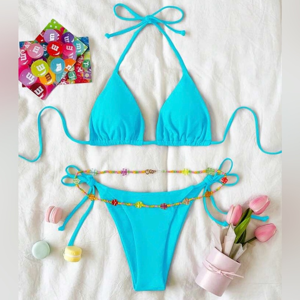 SHEIN • Womens Vibrant Blue Tie Back Top Tie Side Bottom Beaded Belt Bikini Set - Picture 1 of 5